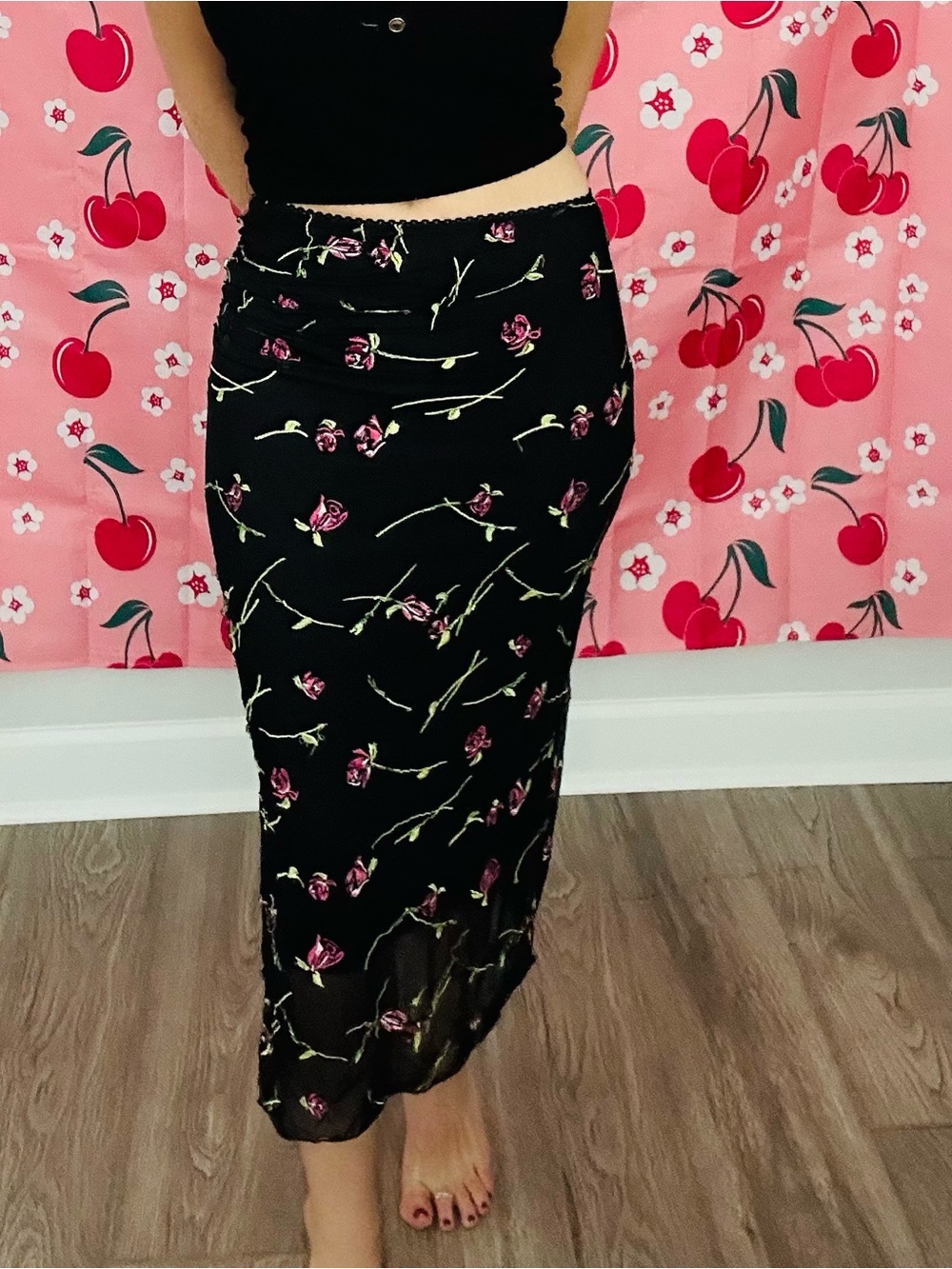 Nicole Miller Black Maxi Skirt with Pink Floral Spray